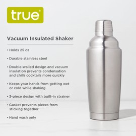 True Vacuum Insulated Cocktail Shaker Leak Proof Insulated Martini Shaker Stainless Steel, Cocktail Shaker for Margaritas, Drink Shaker and Strainer, 25oz, Silver, Set of 1