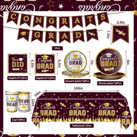 Graduation Party Decorations Class of 2025, Disposable Grad Tableware Kit, Serves 24 with Maroon Graduation Dinner Plates, Napkins, Tablecloth, Cups, Banner for Grad Party Favors Supplies