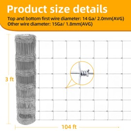 AggFencer 3ft x 104ft Galvanized Farm Fence, Fixed Knot Woven Wire Fence 16Ga, for Sheep Dog Panel Plant Garden Flower Bed and Field Protection