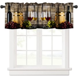 ZhiRain Wine Kitchen Valance Curtain Fresh Grapes Bottle Barrel Old Wooden Vintage Farmhouse Vineyard Rod Pocket Valance 1 Panel Short Curtains for Living Room Bathroom Bedroom Decor 54x18 in