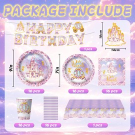 Princess Birthday Party Supplies Plates and Napkins Set for Girl, Purple Princess Castle Birthday Tableware Tablecloth for Girls Fairytale Princess Castle Theme Party Decorations, Serve 16 Guest