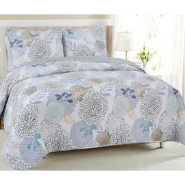 Cozy Line Home Fashions Nina Trista Flowers Aqua Blue Turquoise Grey Floral Print Pattern Quilt Bedding Set, Reversible Cotton Bedspread Coverlet for Women Men (Aqua Blue, Queen - 3 Piece)