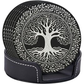 BOXIMIAO Drink Coasters with Holder Stand Set of 6, Tree of Life Stamp Pu Leather Absorbent Coasters with Cork Base Table Coaster Round for Housewarming Apartment Kitchen Bar Decor