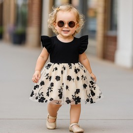 TENTIDE Baby Girl Butterfly Dress Tutu Ruffle Sleeveless Dresses Photograph Party Outfits Birthday Gift(12-18 Months,Black Flower)