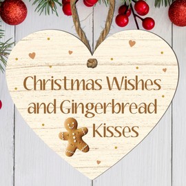 "Christmas Wishes and Gingerbread Kisses" MDF Hanging Heart Plaque - Cute Festive Holiday Decoration - Indoor Use - Gingerbread-Themed Ornament Sign