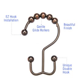 2lbDepot Shower Curtain Rings Hooks - Bronze Finish - Premium 18/8 Stainless Steel - Oil Rubbed Double Hooks with Easy Glide Rollers Rust Resistant - Six Finishes Available - Set of 12 for Shower Rod