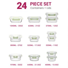 FineDine 24 Piece Glass Storage Containers with Lids - Leak Proof, Dishwasher Safe Glass Food Storage Containers for Meal Prep or Leftovers, Green