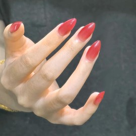 Almond Press On Nails Short, Almond Fake Nails Long Lasting, Glossy Stick On Nails in 15 Sizes - 30 Nail Kit, False Nail Full Cover Nails Press Ons for Women (Maple Leaf Red, 30 Pcs)