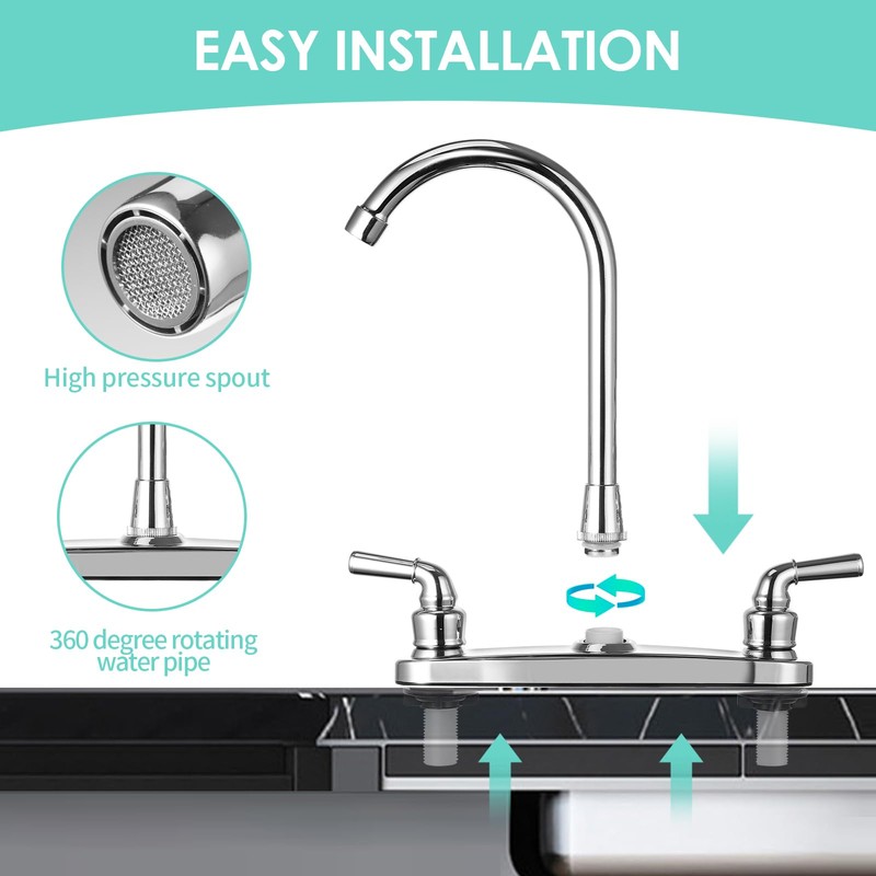 RV Non-Metallic Kitchen Faucet Two Handle-8" Main Body-High Arch-360 Swivel