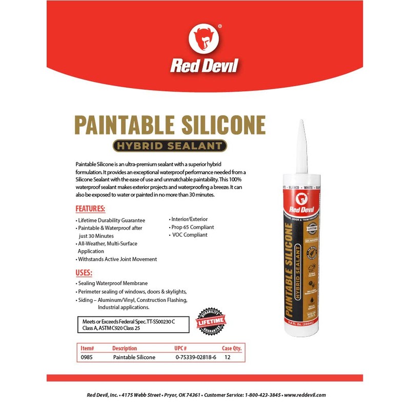 Red Devil 0985 Paintable Silicone Hybrid Sealant, 9 oz., White,