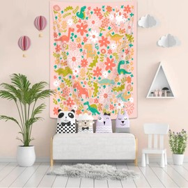 Cute Dinosaur Kids Tapestry Pastel Pink Cartoon Wall Hanging for Girls Toddler, Colorful Fun Kids Room Decoration, Nursery Wall Art for Children Bedroom 30X40IN