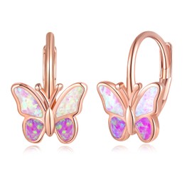Lasidor Pink/Purple Opal Butterfly Earrings Rose Gold Plated Leverback Earrings Datiny Jewelry Huggie Hoop Earrings for Women