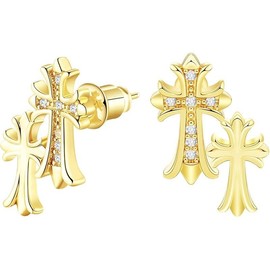 Gold Double Cross Stud Earrings for Women and Men 14k Gold Plated Small Pave CZ Dangling Hypoallergenic Lightweight Accessory - Style: Double Cross A-GD