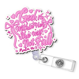 Bible Verse Badge Reel Retractable - God is Within Her, She Will Not Fall ID Badge Holder with Acrylic Alligator Clip for Nurse Nursing Medical Student Teacher Hospital Worker Office Card Reels Gifts
