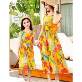 Mommy and Me Dress, Hawaiian Style Sleeveless Printed Beach Midi Dress, Family Matching Dress, Orange, Size 7-8 Years/Tag 140