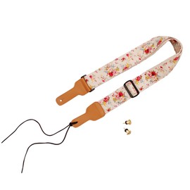 MUSIC FIRST Original Design, 2 inch width (5cm), “Rosa Multiflora in Cream” Padded Soft Muslin & Genuine Leather Floral Guitar Strap Electric Guitar straps