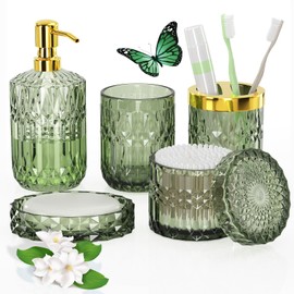 QIQU Green Glass Bathroom Accessories Set 5 Pcs, Green Bathroom Set, Soap Dispenser and Toothbrush Holder Set, Qtip Holder Set, Vintage Bathroom Sink Set, Cute Bathroom Decor