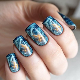 NGMATY Glitter Square Nail Art Nail Patch,Red Blue Fake Nails Trendy Glue on Nails Lightning and Flame Designs for Women Artificial False Nails Full Cover Acrylic Nail (Red and Blue Electric Patterns)