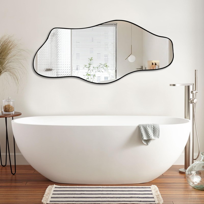 Jesmaikor Large Irregular Wall Mirror, 47.2"x21", Black Asymmetrical Modern Oblong
