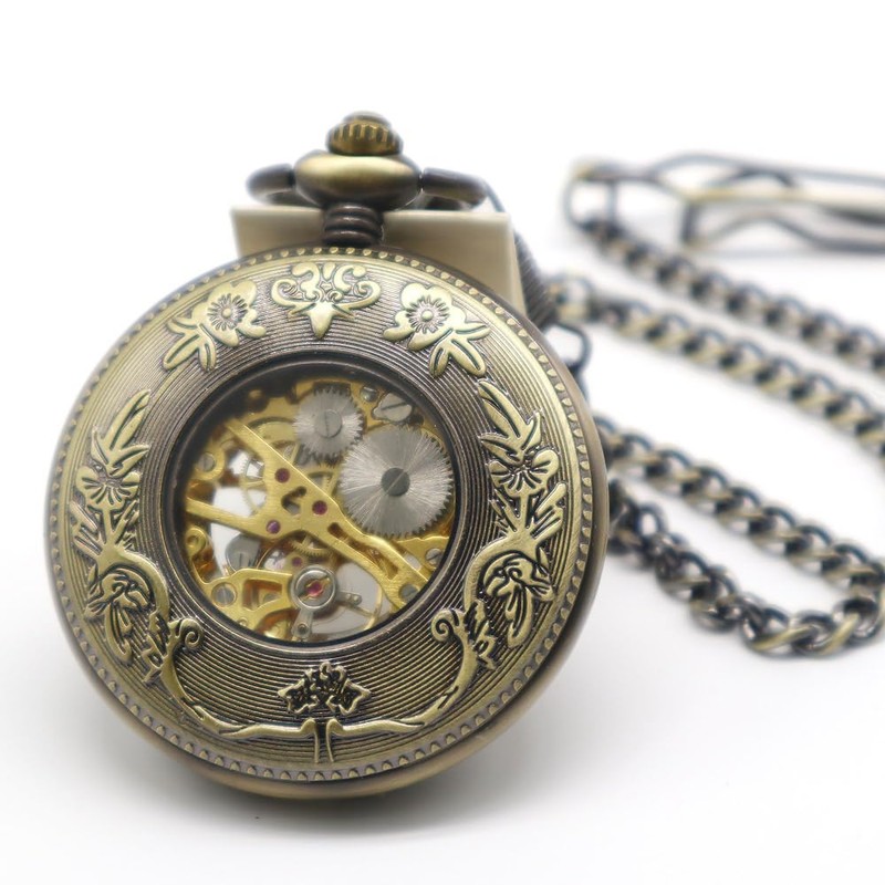 VIGOROSO Men's Hand-Wind Mechanical Pocket Watch Vintage Steampunk Wood Grain