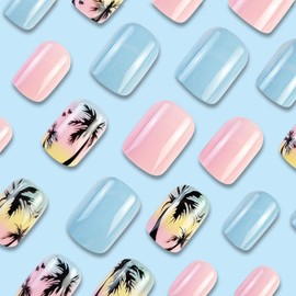 Blue Fake Nails Short Square Press on Nails Gradient with Coconut Tree Design Summer False Nails Pink Acrylic Nails Artificial Glue on Nails Full Cover Stick on Nails for Women Girls 24Pcs