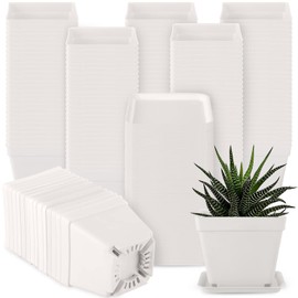 100 Pieces 4 Inch Flower Pots Square Plants Nursery Pot Plastic Plant Seedling Pots Nursery Transplanting Planter Container with Saucer for Indoor Herbs Succulents Balcony Garden Office (White)