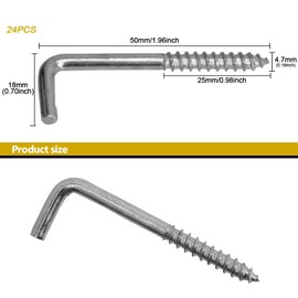 RUIAN Square Bend Hooks, Carbon Steel Self-Tapping Screw Hooks L Shape Metal Right Angle Hook for Hanging, Zinc Plated, 18 x 50mm, 24Pcs