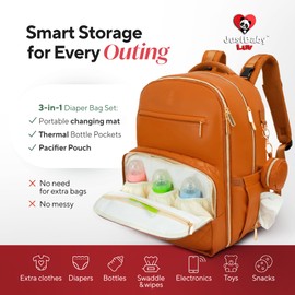 JustBaby Luv Luxe Leather Diaper Bag Backpack - Ultimate Baby Bag with 21 Pockets, Charging Port, Changing Pad, Pacifier Case, Stroller Straps - Stylish, Waterproof, Unisex (31L Brown), DBP01