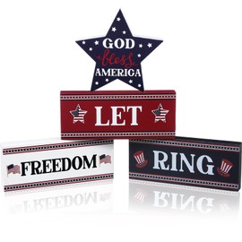 4 Pieces Patriotic Wood Blocks, 4th of July Wood Decoration God Bless America Let Freedom Ring Wood Signs for Tiered Tray Mantel Decor Home Decor (Star)