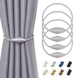 NICEEC 4 Pack Upgrade Magnetic Curtain Tiebacks 16 Inch Handmade Weave Rope Curtain Holdbacks Convenient Decorative Cone Curtain Drape Tie Backs for Home & Office Window Drapery (New Grey)