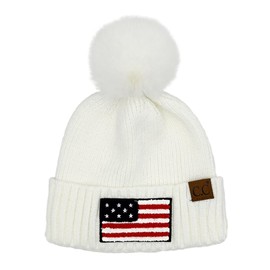 C.C USA Chenille Patch Beanie with Pom for Women Unisex - Acrylic Stretchable Soft Warm with Faux Fur Pom Knit Winter Skully Hat