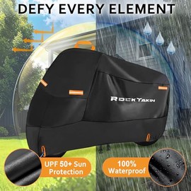 Rocktakin 300D Motorcycle Tarpaulin Heavy Duty, Waterproof Outdoor Motorcycle Garage for All-Weather Protection with 4 Reflective Strips and Lock Holes, Fits Cruiser, Touring Bikes (218 x 94 x 127 cm)