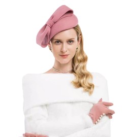 ORIDOOR British Style Pillbox Hat Women Church Derby Wedding Winter Vintage Fascinator Beret 100% Wool Hat 13D Bow Deep Pink