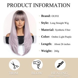 OUFEI Ombre Light Purple Wigs with Bangs for Women Long Straight Layered Synthetic Hair Wigs with Dark Roots for Daily Party Use