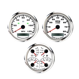 MOTOR METER RACING W PRO Series 3 Gauge Set 85mm 3-3/8" GPS Speedometer with Turn Signal High Beam, Tachometer & 4 in 1 Multi-Function Volt, Fuel Level, Water Temp & Oil Pressure White Dial Red LED