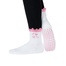 Puedizux Women Cute Pilates Socks Grip Crew Yoga Socks Ruffle Cuff Embroidery Pattern Workout Ballet Socks