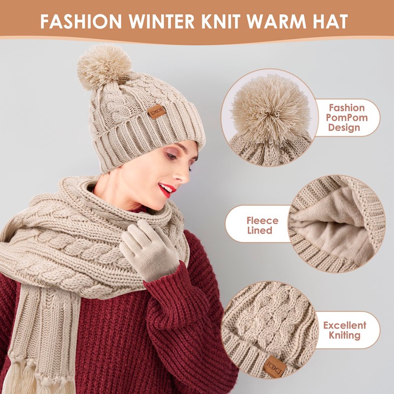Women Winter Knit Warm Hat Beanie Scarf Gloves Set Pom