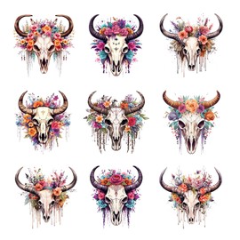9pcs Flower Cow Skull Iron On Heat Transfer Stickers Ready to Press Vinyl Decal Patches for Jeans T-Shirt Jackets Backpacks Pillows DIY Appliques Decor