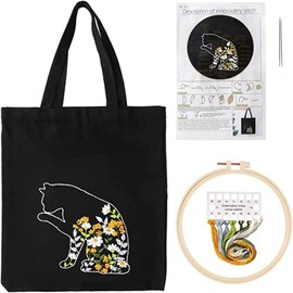 Embroidery Kit for Beginners with Canvas Bag, Embroidery Hoops, Threads, Needles, DIY, Black Carry Bag, Handsets with Cute Cat and Floral Pattern and Instructions