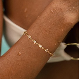 WEARON Dainty Gold Bracelets for Women 14K Gold Plated Cubic Zircon Stars Bracelet Chain Summer Jewelry for Everyday Wear
