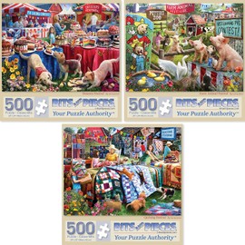 Bits and Pieces - Value Set of Three (3) 500 Piece Jigsaw Puzzles for Adults - Each Puzzle Measures 18" x 24" - 500 pc Desserts, Farm Animal, Quilting Festival Jigsaws by Artist Larry Jones