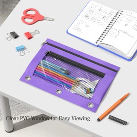 DoDoMagxanadu Binder Pencil Pouches, Pencil Pouch for 3 Ring Binder, Double Pocket Clear Window Pencil Case for Binder, Zippered Pencil Pouches with Rivet Enforced 3 Ring, 2 Pack (Navy Blue)