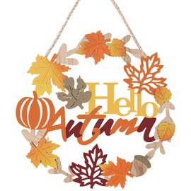 Hello Fall Sign Wooden Welcome Wreath for Front Door, Autumn Harvest Maple Leaf Door Hanger Thanksgiving Wall Hanging Decorations Outdoor Farmhouse Porch Home Decor