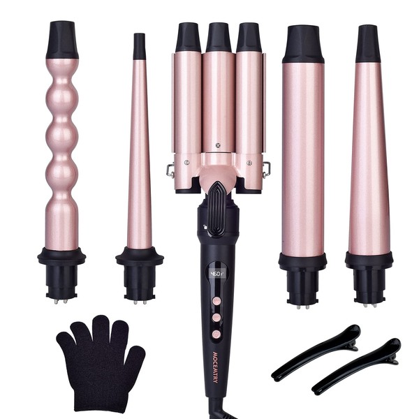 Wand Curling Iron, Curling Wand Set, MOCEMTRY Professional 5 in 1 Hair Curling Iron, Hair Curler with Interchangeable Barrels, Instant Heating & Adjustable Temperature, Gift for Wome