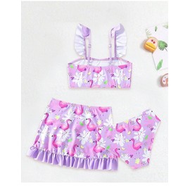 QINCS Traje de Baño de Tres Piezas para Niñas, Estampado con Protección Solar, Surf (MX/US, Numérica, 8, Estampado Morado)