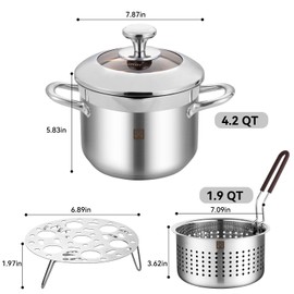 GOLDEN KEY Deep Fryer Pot with Basket and Lid,4.0L/4.2QT 304 Stainless Steel Standard Capacity Multi-function Cooking Pot with Strainer Basket for Kitchen Camping