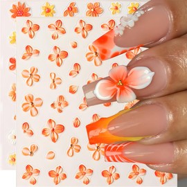 Fall Flowers Nail Art Stickers, Fall Gradient Orange Flower Nail Decals 5d Embossed Small Yellow Flower 2Pcs Nail Art Supplies for Women Nail Decoration