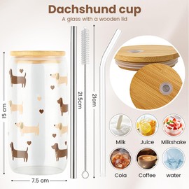 Dackel Geschenke – 500 ml Dachshund Glass with Lid and Straw, Humorous Dachshund Design, Ideal for Hot and Cold Drinks