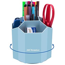 Siveit Pen Holder, 360° Rotating 5 Grid Pen Holder Stand Office Supplies Storage Organize for Desk Cute Pencil Cup Pot for Home, Office, Kids (Blue)