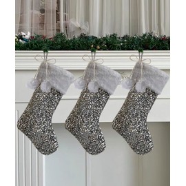 Vanteriam Gray Christmas Stockings, 3 Pack Large Blingbling Glitter Sequin Xmas Stockings with Pom Pom Balls for Family Kids Xmas Fireplace Holiday Party Decorations